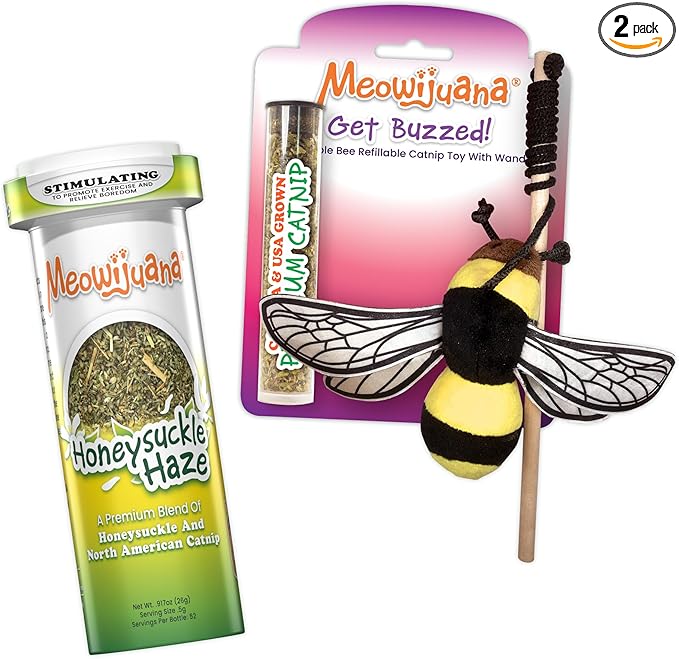 Meowijuana Honey Bee Bundle | Get Buzzed Honey Bee Wand Toy and Honeysuckle Haze Catnip Blend | Promotes Play and Cat Health | Includes North American Organic Catnip