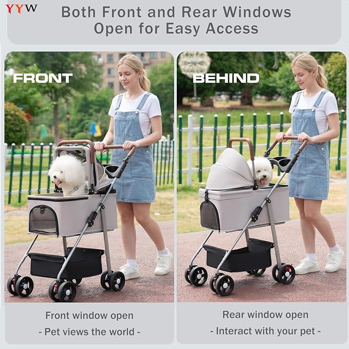 YYW Pet Stroller for Small Dogs & Cats, 3 in 1 Foldable Kittens Puppies Travel Strolling Cart with Removable Carrier, Cup Holder, Storage Basket & Lockable Wheels(Gray)