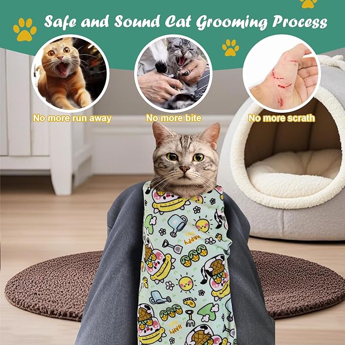 Cat Wrap for Cutting Nails and Grooming,Cat Restraint Wrap for Nail Clipping,Self-Adhesive Fabric Cat Swaddle Burrito Wrap for Nail Trimming (Cow Style)