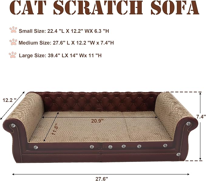 COOZMENT Scratching Sofa, Couch Shaped Thick Scratching Cardboard, Lounge Bed for Indoor Rest&Play, Sofa Scratcher Pad (Brown, 27.6" L X 12.2" W X 7.4" H)