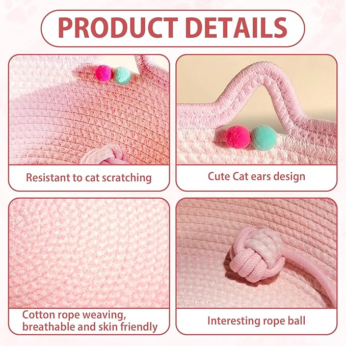 Woven Cat Bed Basket with Ears, Pink Cotton Rope Pet Bed for Indoor Cats, Small Dogs & Rabbits - Cute Basket with Pom Poms & Toy Ball (15.75x5.51 Inch)