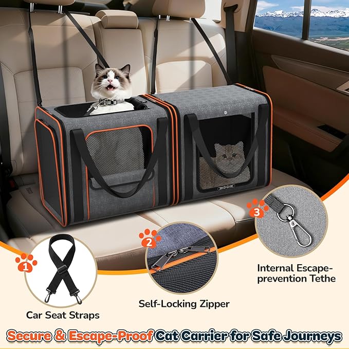 Cat Carrier Bag Large for Travel: 2-in-1 Cat Carrier Soft with Litter Box 34x13x16in Secure The Car Seat for 2 Cats Travelling Design Long Trips Ride