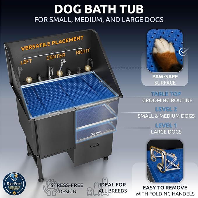 KANIS Professional Dog Washing Station 304 Stainless Steel Pet Wash Sink & Grooming Bathtub w/Shower, Floor Grates and Storage for Large, Medium & Small Pets (Black, 40 Inches, Left Ramp, 1 Drawer)