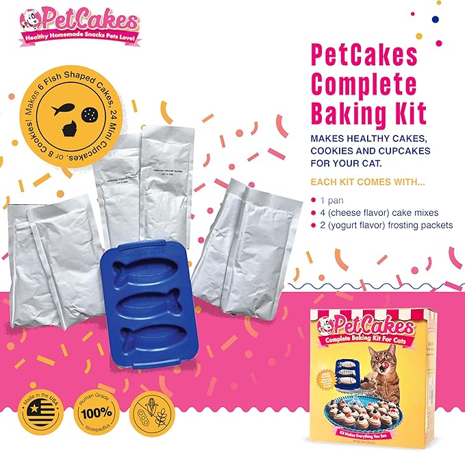 PetCakes Complete Baking Kit for Cats- Make Healthy Cakes, Cookies & Cupcakes - Includes a Reusable Fish Shaped Pan, 4 Cake Mixes (Cheese) & 2 Frosting Mixes (Yogurt) - Net Wt. 10oz