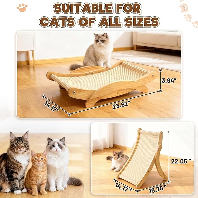 3-in-1 Transformable Design Sisal Cat Scratcher Bed for Indoor Cats, Durable Natural Scratching Pad, Solid Wood Cat Scratch Ladder, Wooden Cat Furniture 23.6 Inch Cats Hammock (Large)