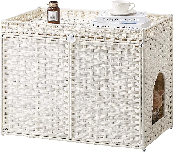 SETVSON Cat Litter Box Enclosure Furniture, Handwoven Rattan Hidden Litter Box with Mat, Large Space Cat House with 2 S-Shaped Hooks 30.3 x 18.3 x 24.4 Inches, Indoor for Living Room Apartment White