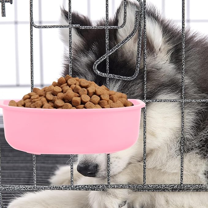 Yardwe Hanging Plastic Pet Bowl with Food Container for Cats and Small Dogs, Sturdy Pink Puppy Feeding and Watering Bowl, Suitable for Airline Crates and Travel Use