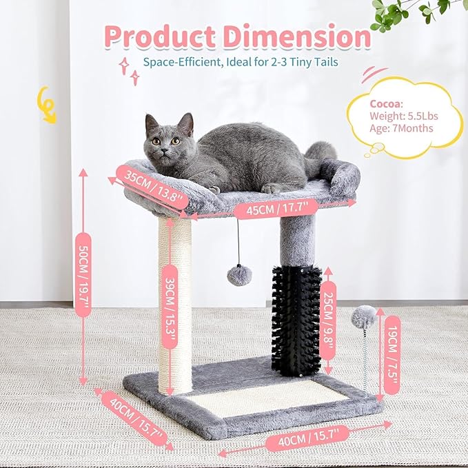 Small 4-in-1 Cat Tree Tower with Self-Grooming Brush, Sisal Scratching Post, Plush Cat Bed & Hanging Ball Toy, Compact Cat Tree for Indoor Kittens, Grey