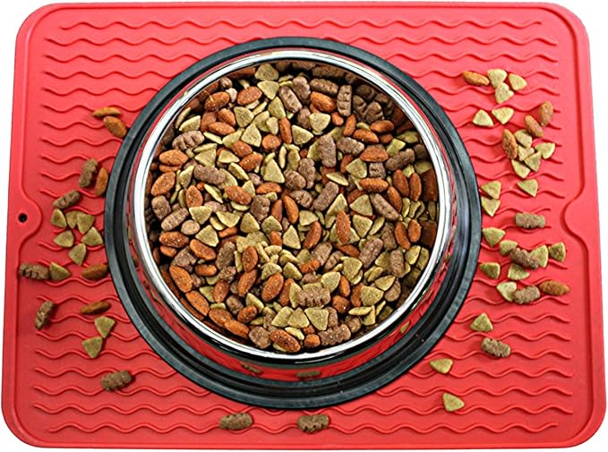 Silicone Pet Feeding Mat for Dogs, Cats, Small Animals, Non-Slip Waterproof Food and Water Mat with Raised Edge, BPA-Free Convenient Hook Storage by Dependable Industries (Red, 12 x 16 inch)