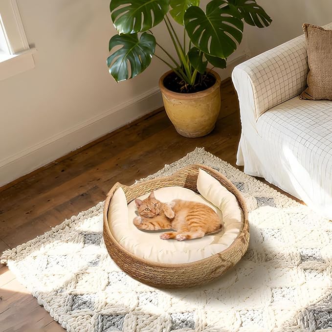 Cat Bed, 13.78x13.78x5.12 inches Cat Woven Nest Bed with Soft Cushion and Pillow - All Season Weaving Pet Sleeping Resting Scratching Furniture for Puppy Dog Kitten