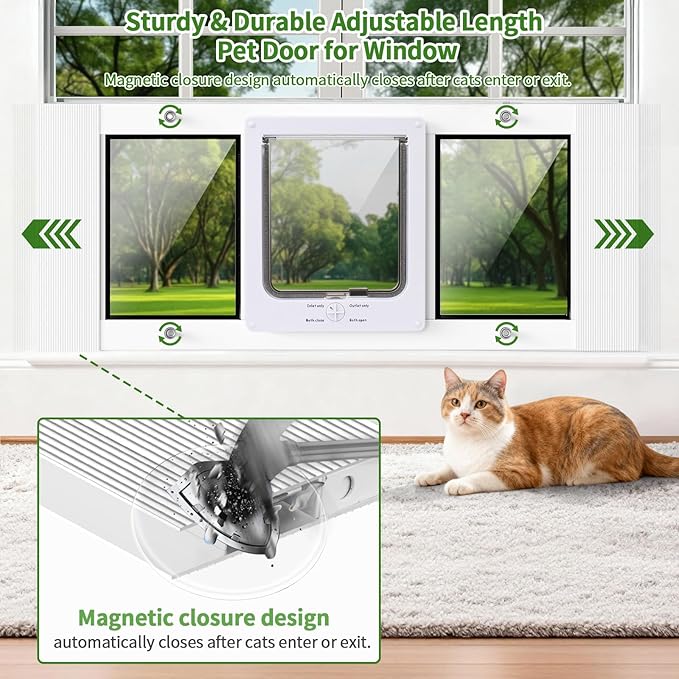 Aluminum Frame Cat Door for Window with Magnetic Auto Closure, Adjustable Width Quick-Fit Pet Door for Window Insert, Suitable for Most Medium Cats & Small Dogs (M: 28''-32'')