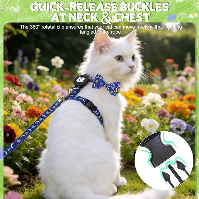 EXPAWLORER Cat Harness and Leash Set with AirTag Holder, Escape Proof Safe Lightweight Adjustable Soft Kitten Harness Set with Bowknot for Small Medium Large Cat Walking Travel Outdoor, Star-Moon