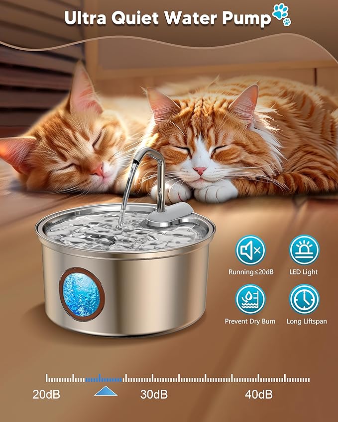 Stainless Steel Cat Water Fountain: Tomxcute 3.2L/108oz Cat Fountain for Drinking, Pet Water Fountain for Cats Inside with Multi-Filter-Water Level Window