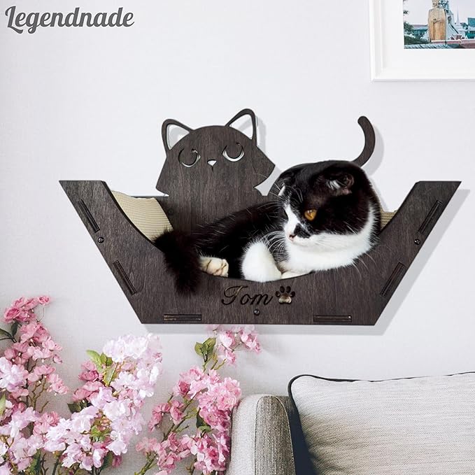 Personalized Hanging Cat Bed Basket Shaped with Mattress, Cat Bed Window with Cushion, Wooden Cat Hammock Wall Shelves, Wood Perch Toy Bed for Playing Sleeping Scratching