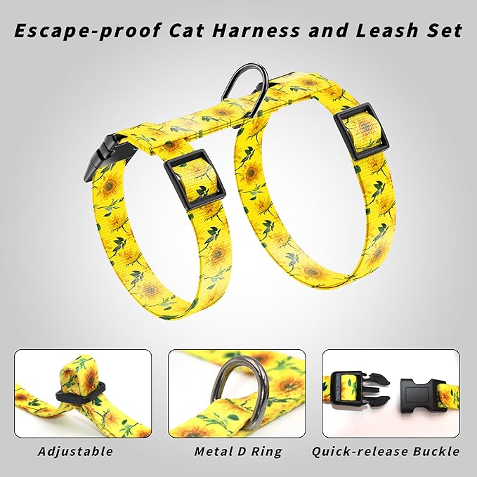 Seyezo Cat Harness and Leash Set, Adjustable Kitten Harness Escape Proof Cats Harness, Soft Lightweight Walking Travel Pet Harness, Cute Kitty Harness Leash Set for Small Medium Cats, Yellow Sunflower