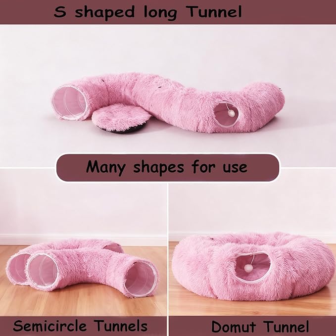 Cat Bed Tunnel Tube Toy Pink Plush Round, Collapsible Pet Tunnels for Indoor Cats, Interactive Toys Play Tubes with Hanging Ball for Kitty, Puppy, Rabbit for Fun Playtime & Exercise