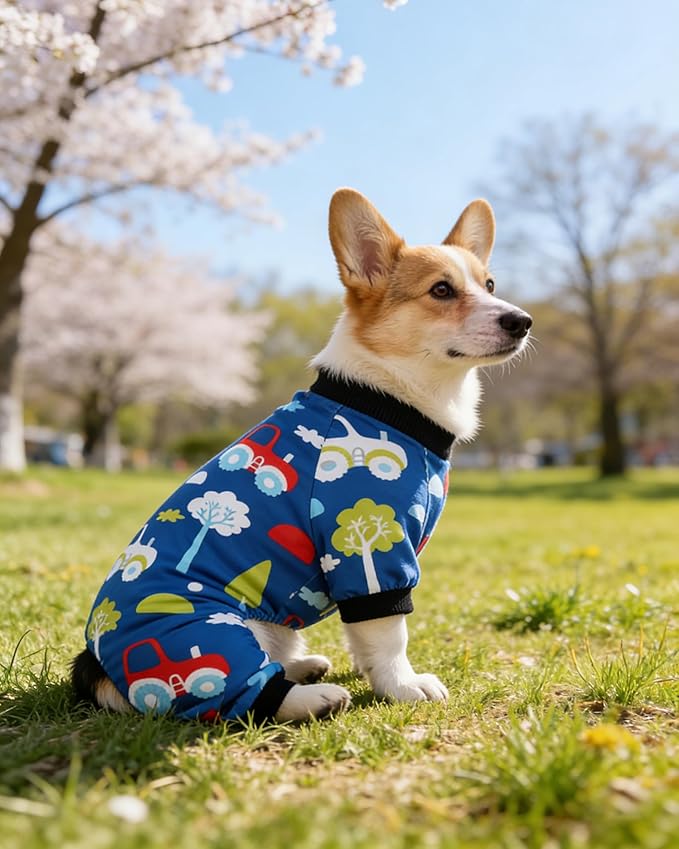 PET SHOW 4 Pack Dog Pajamas for Large Medium Dogs Girl Boy Dog Clothes Soft Stretchy PJs Dinosaur Car Jumpsuit Puppy Daisies Cow Jammies Onesies Outfits with Sleeve Pets Costume, XL