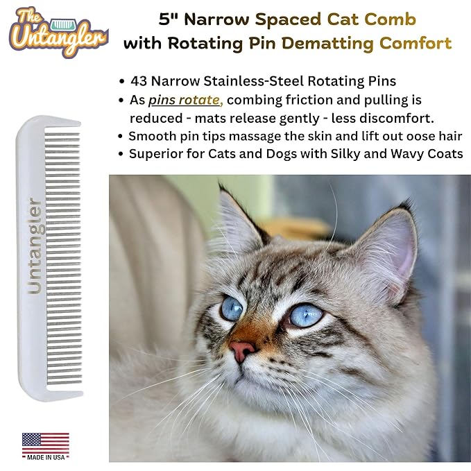Cat Comb with Silky Smooth Rotating Teeth - Clears Mats Gently (5" Ultra Fine Teeth; 7" Dual Teeth) (White, 5")