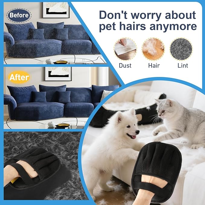 Pet Hair Removal Glove for Cats & Dogs, Five-Finger Electrostatic Pet Hair Remover Glove Reusable Brush Pet Hair Tool for Carpet, Car Seat, Couch and Laundry