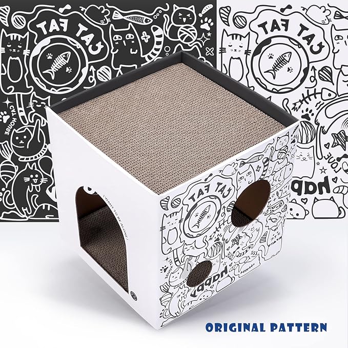 Cardboard Cat House with 2 Story Scratch Pads - Cat Play House for Indoor Cats - Corrugated Scratcher Box - Hideout for Small Animals