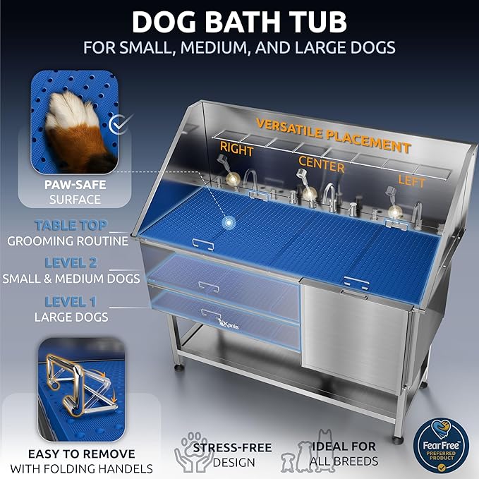 KANIS Professional Dog Washing Station 304 Stainless Steel Pet Wash Sink & Grooming Bathtub w/Shower, Floor Grates and Storage for Large, Medium & Small Pets (Silver, 61 Inches, Right Ramp, Shelf)