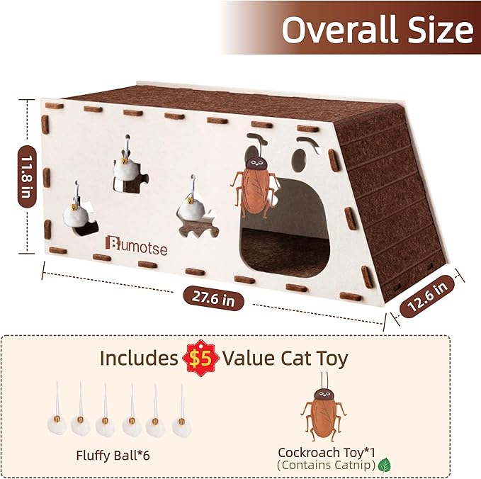 Interactive Felt Cat Tunnel for Indoor Cats with Catnip Toy, Modular Cat Cave House for Scratching, Play, Hiding & Sleeping, Durable Washable Cat Condo for Large Cats Up to 22LB,Cream
