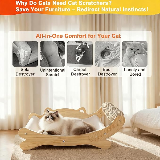 Cat Scratcher Bed, Heavy Duty Sisal Cat Scratching Post with Hammock for Indoor Cats, Natural Wood Cat Lounge for Sleeping & Scratching, Stable Platform for Large Cats, Easy Assembly Cat Furniture