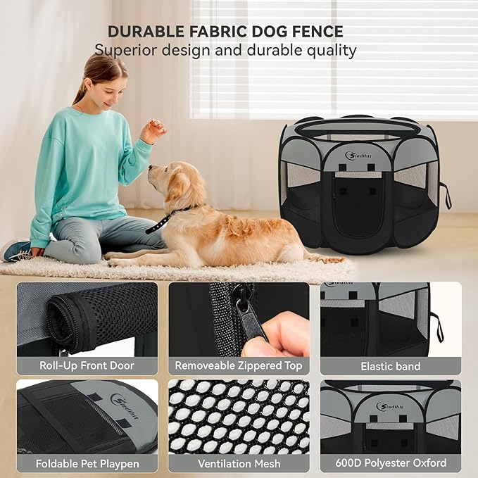 Siedihit Dark Grey Puppy Playpen for Large Dog Cat, Dogs Tent Crates Cage Indoor/Outdoor, Portable Pop Up Dog Kennel with Carrying Bag for Rabbits, (Dark Grey, Large)