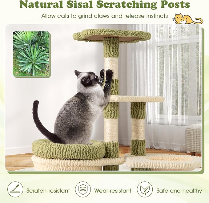Tangkula Cute Cat Tree, Multi-Level Aesthetic Kitten Tower with Sisal Scratching Posts, Condo, Bed, Padded Plush Cushion, Self Groomer, Hammock, Perch, Green Small Cat Tree Tower for Indoor Cats