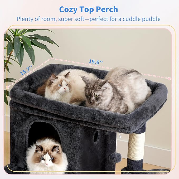 Heybly Cat Tree, 26.3-inch Cat Tower with Spacious Top Perch for Large Cats, Stair-Style Cat House Furniture with Dual-Layer Condos, Sisal Scratching Posts, Cozy Basket & Pompom, Smoky Gray HCT204SG