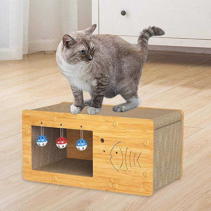 Cat Nest Cat Bed with Scratching Board Activity Toys Non Slip Decoration Multifunctional Crafts Furniture Protection Cat Cardboard Bed, Fish Pattern, L