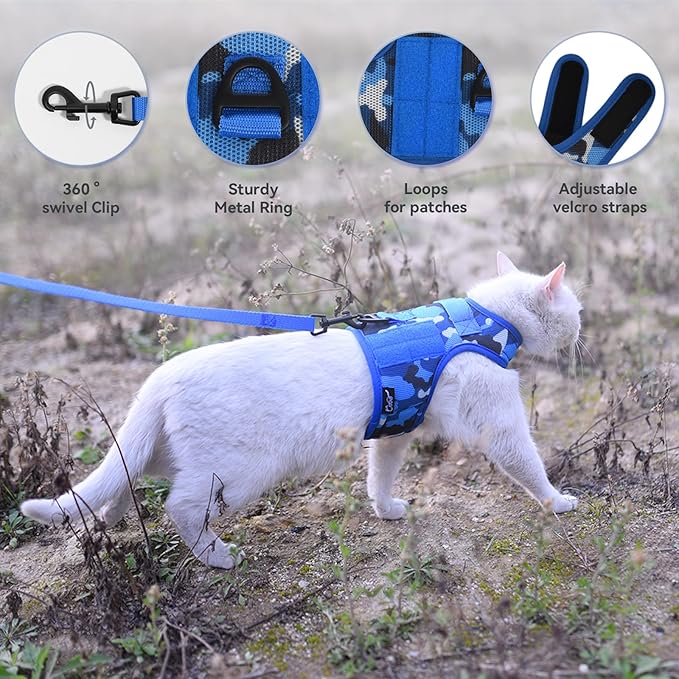 Tactical Kitty Harness and Leash for Walking Escape Proof Breathable Mesh Fabric, Ocean Camo, X-Small, Adjustable Cat Walking Jackets, Padded Stylish Cat Vest