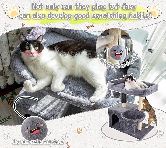 28.3" Small Cat Tree Tower,Cat Scratching Post for Indoor Cats,Featuring with Cat Cave & Cozy Perch,Cat Self Groomer and Interactive Dangling Ball Great for Kittens/Cats (Light Gray, Large)