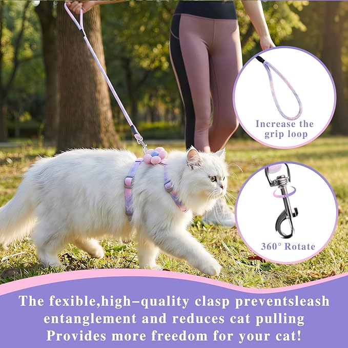 Tensho Cat Harness and Leash Set – Escape Proof Adjustable Cat Harness with Flowers, Comfortable Soft, Lightweight Safe, Easy to Wear Walking & Travel Harness(Purple M)