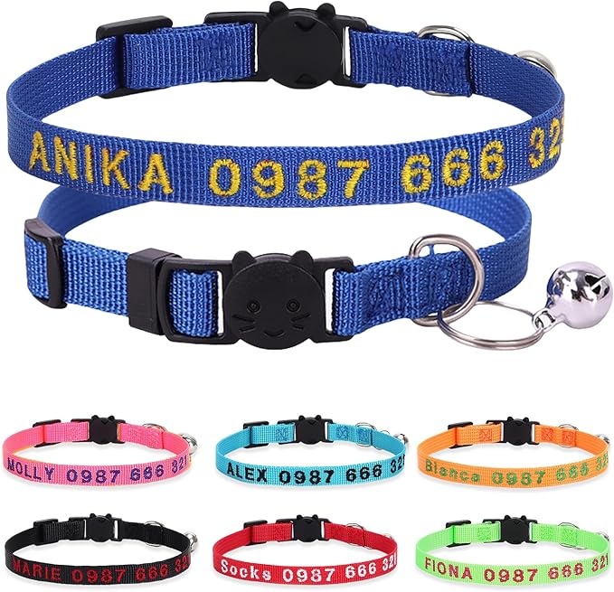 Personalized Cat Collars, Embroidered with Pet Name and Phone Number, Adjustable Nylon Breakaway Safety Release Buckle ID Collar,Custom Text with Bell for Cat or Kitten,Blue