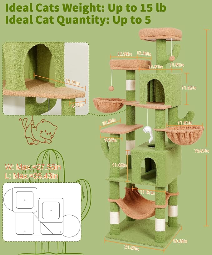 AMHANCIBLE Cactus Cat Tree, 70 Inch Tall Cat Tower for Indoor Cats, Multi-Level Cat Tree with Scratching Post, Hammock, Hanging Basket, Large Cat Condos for Adult Cats Kittens, Green, PT18GR