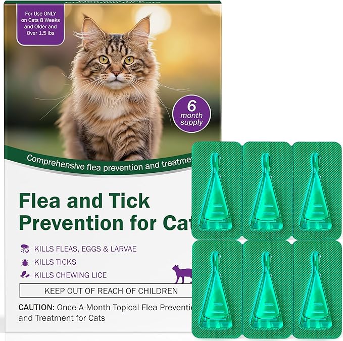 Cat Flea and Tick Prevention & Treatment - Flea and Tick Prevention for Cats, 6-Month Supply, Flea Control, Repellent, Suitable for Cats Over 1.5 lbs, Flea Supplements