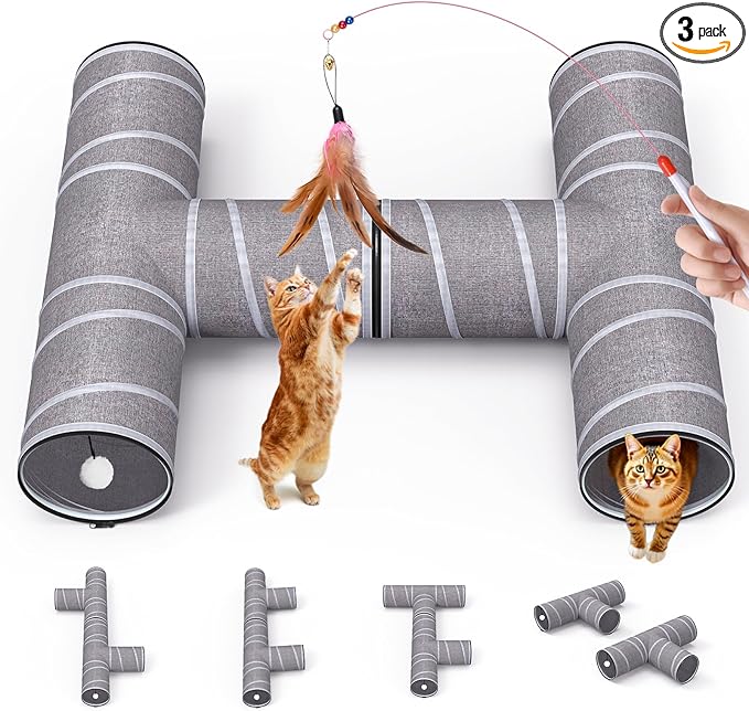 PETOCAT Cat Tunnel 4 Way with Teaser Wand & 2 Plush Ball, 5 Shapes Available, 54/80.7" L, H-Shaped Collapsible Pet Play Tube Maze for Kitten Puppy Bunny Ferret Rabbit, Indoor/Outdoor Peekaboo Cave