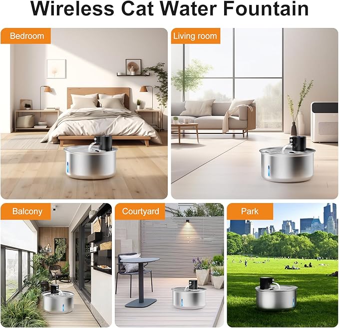 Cordless Cat Water Fountain, 5.5L/186oz Battery Operated Pet Water Fountain Stainless Steel with Ultra Quiet Pump, Motion Sensor, Cordless Pet Water Fountain Outdoor&Indoor Cat Water Drinking