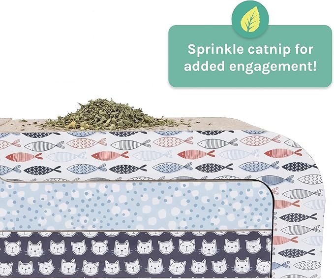 Kitty City 3‑Pack Corrgate Cat Scratcher Pads with Catnip - Horizontal Nail Filing Scratch Mat, Durable Couch Lounger Bed Alternative, Cat Scratch Toy - Cute Fish & Cats Design, Large 18.5” x 9.5”