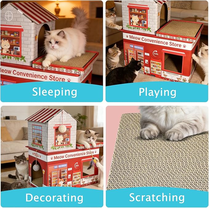 Cardboard Cat House for Indoor Cats, Double Layer Cat Scratcher House for Large Kitty Rabbit Bunny, Scratch & Sleep 2 in 1 Design, Durable & Easy to Assemble Scratching Bed(Convenience Store)