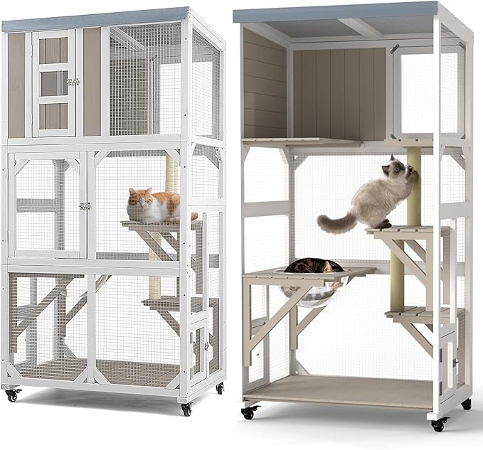 Catio Outdoor Cat Enclosure with Wheels & Weatherproof Roof, Large 63" Window Catio with 3 Platforms, Acrylic Dome, Portable Kitty House for Indoor Cats