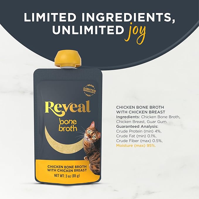 Reveal Natural Wet Cat Food, Limited and Natural Ingredients, Grain Free, High Protein with No Artificial Additives, Chicken Bone Broth with Chicken Breast (6 x 3oz Pouches)
