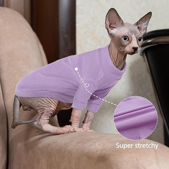 PUMYPOREITY Stretchy Cat Shirt, Sweater With Sleeves, Soft Clothes for Sphynx Hairless Cats, Devon Rex - Purple, L