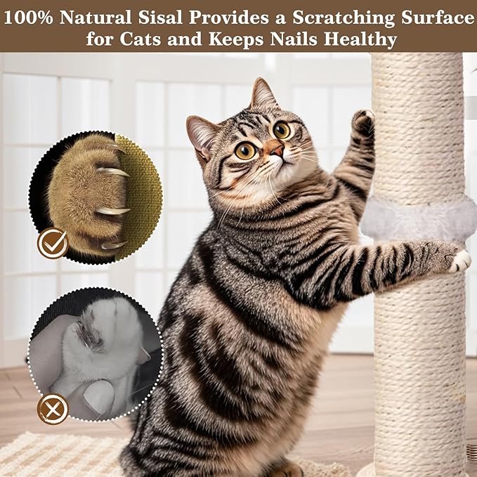 PAROTO Cat Scratching Post, Sisal Cat Tree Tower Scratcher for Indoor Cats Adults with Interactive Toys, Double Ball Track, 2 Mounting Methods, 25 inches