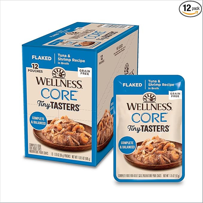 Wellness CORE Tiny Tasters Flaked Adult Wet Cat Food, Natural, Protein Rich, Grain Free, Tuna and Shrimp Recipe, 1.75 oz, Pack of 12 Pouches