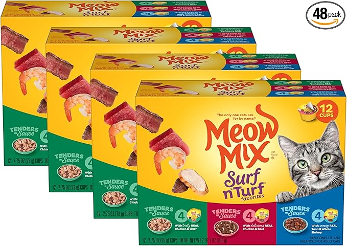 Meow Mix Tenders in Sauce Wet Cat Food, Surf 'N Turf Variety Pack, 2.75 Ounce Cup (Pack of 48)