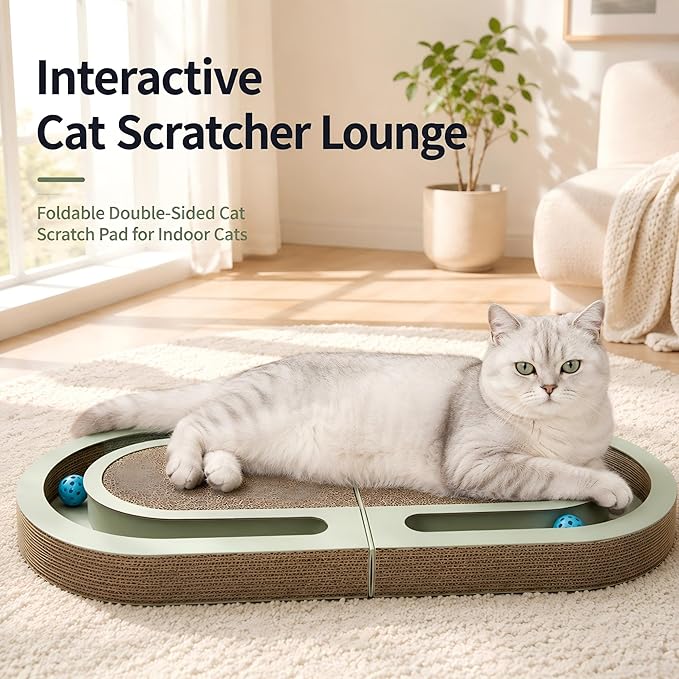 Interactive Cat Scratcher Lounge for Indoor Cats, 26" Large Foldable Cat Scratcher with Ball Track, Double-Sided Corrugated Cat Scratch Pad Bed for Scratching, Playing, Lounging & Relaxing
