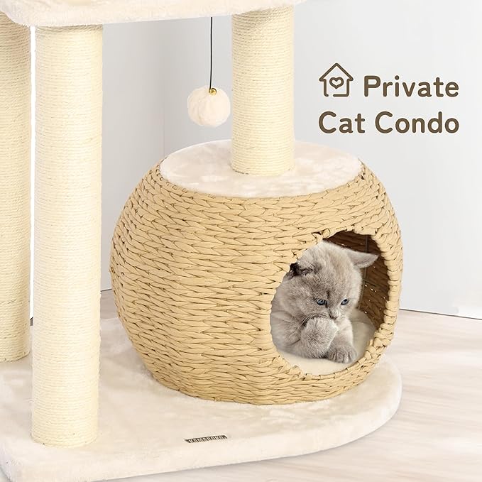 NUNU Modern Cat Tree, Modern Cat Trees Tower, Wooden Cat Tree for Large Cats, 53" Cat Tower for Indoor Cats, Hand-Woven Condo & Top Perch, for Kittens Climb, Play & Rest