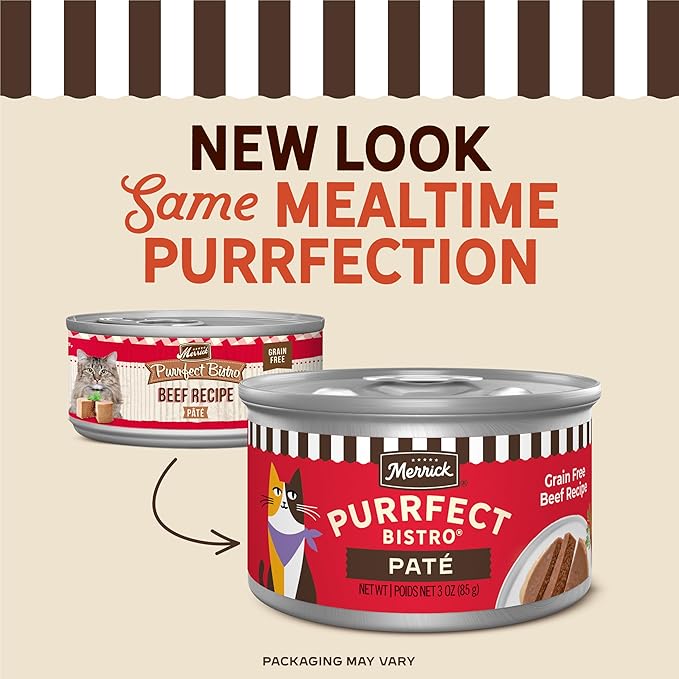 Merrick Purrfect Bistro Grain Free Premium Soft Canned Pate Adult Wet Cat Food, High Protein Beef Recipe - (Pack of 24) 3 oz. Cans